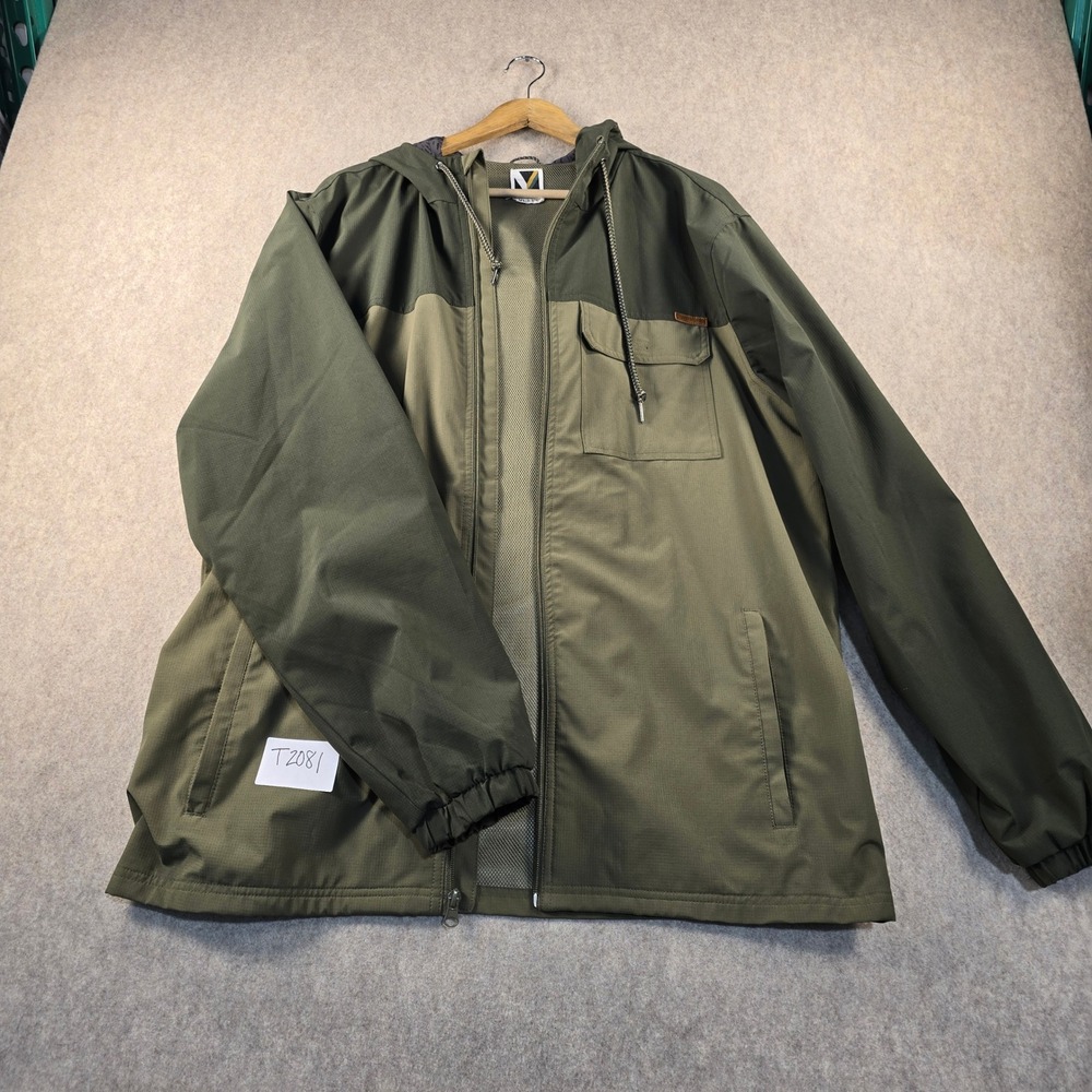 Voyager Men XL Hooded Windbreaker Jacket Olive Green Ripstop Full Zip Mesh Lined